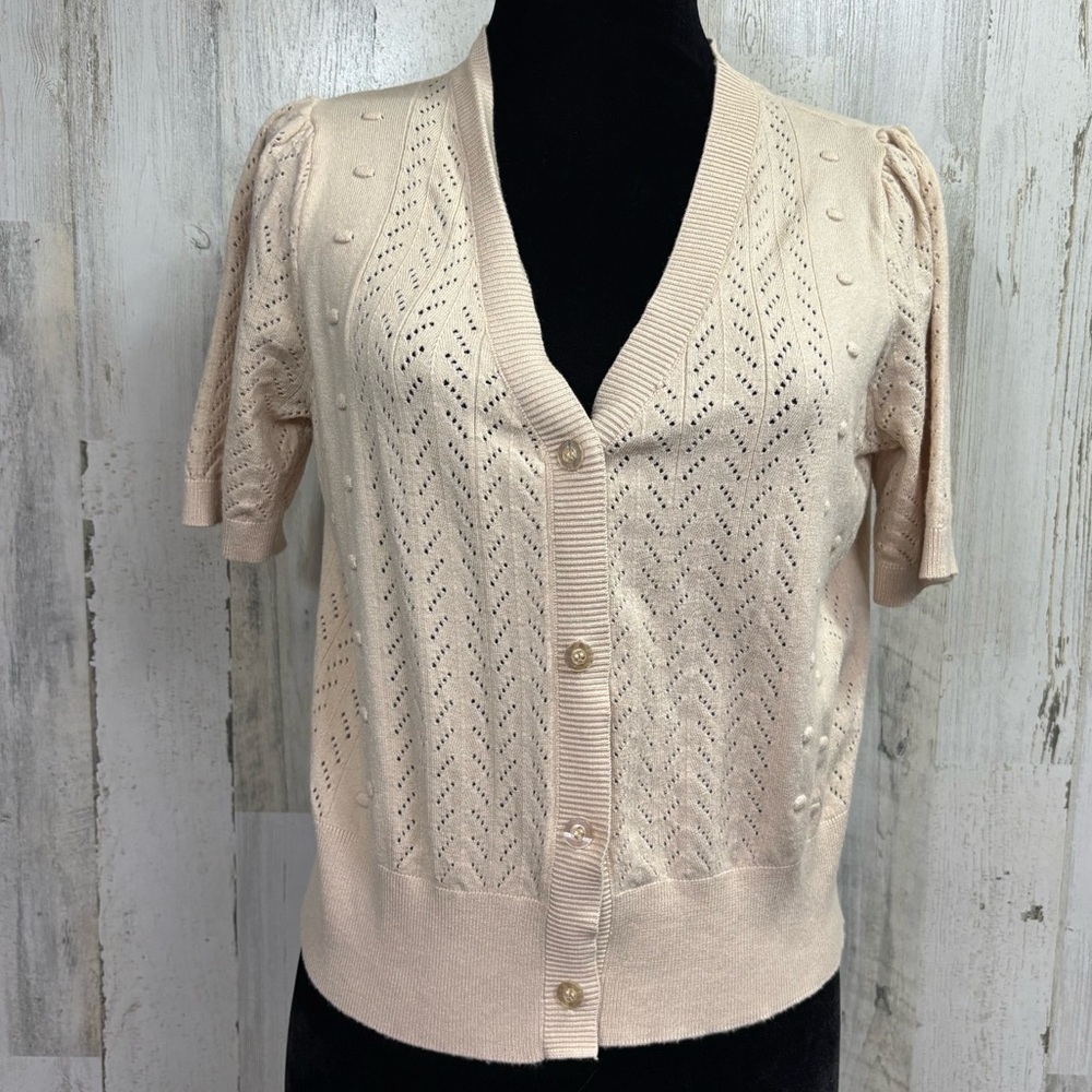 Grace Karin Cropped Short-Sleeve Cream Crochet Knit Cardigan